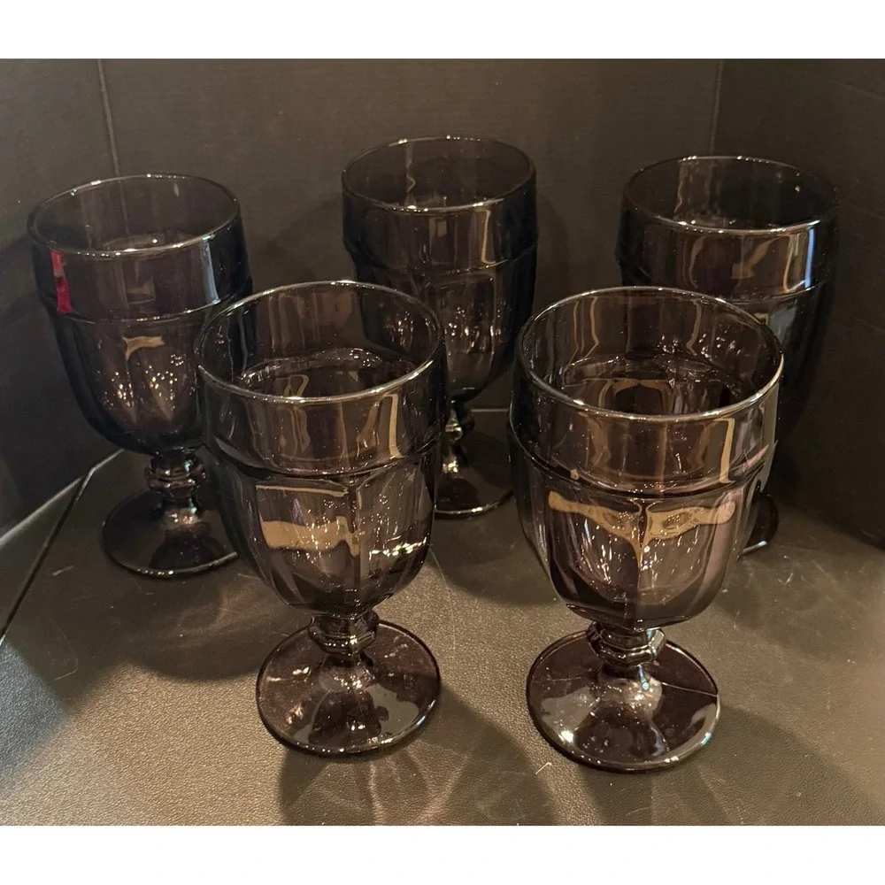 Libbey Gibraltar Duratuff Water Tea‎ Goblets Purple Paneled Glasses Footed 7